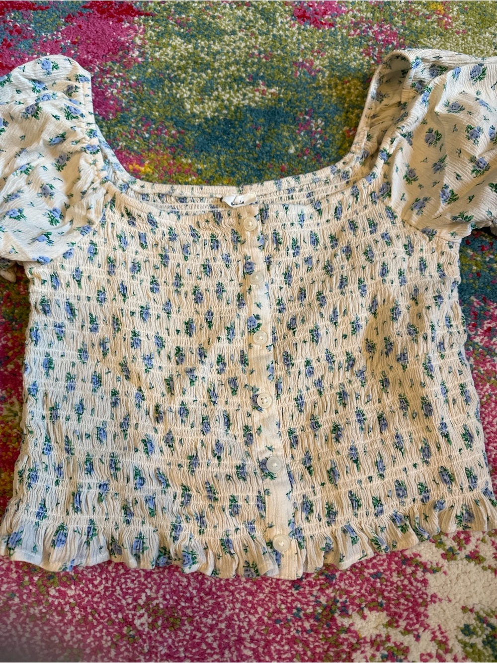 Aerie Women's Cream Floral Smocked Button-Front crop Top